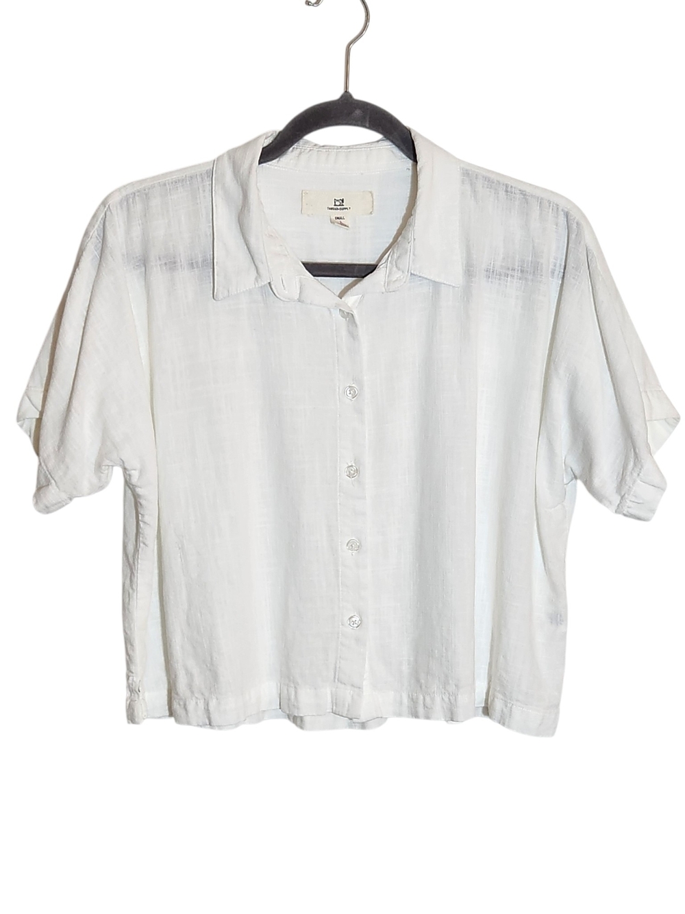 Thread and Supply White Cropped Linen Blend Button Down Shirt Size Small